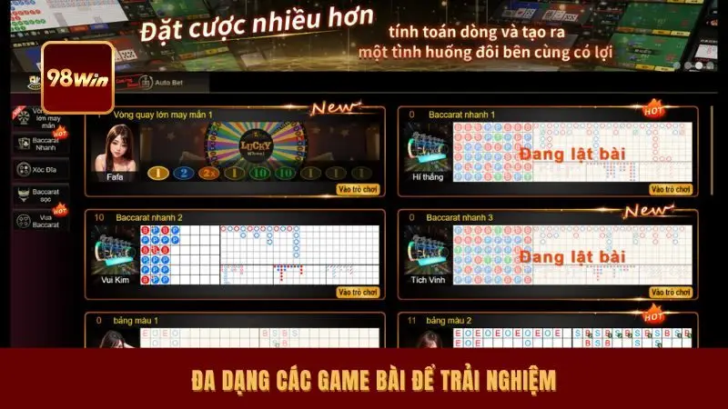 Đa dạng các game bài để trải nghiệm